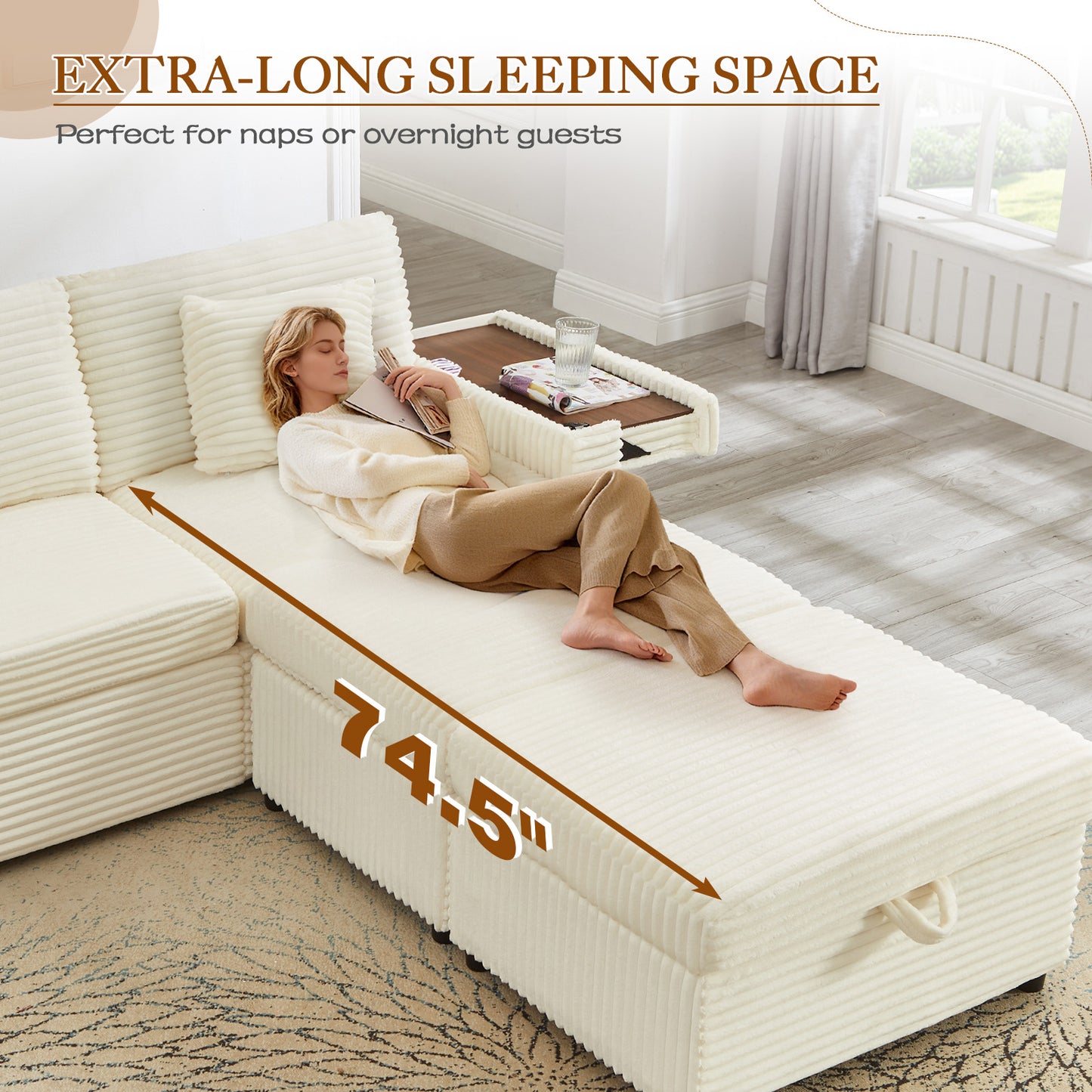 Muumblus Modular Sectional Sofa with 2 Storage Ottomans, 2 Side Tables & USB, Cozy Double Chaise Lounge Cloud Sofa, Plush Corduroy Sleeper Bed Couch for Living Room, White