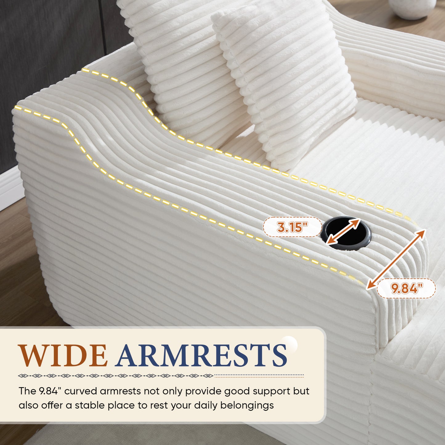 Muumblus Indoor Chaise Lounge Chair with Cup Holders, No Assembly Required, 67"D Oversized Deep Seat Cloud Couch, Corduroy Boneless Sleeper Sofa Bed for Livng Room, White