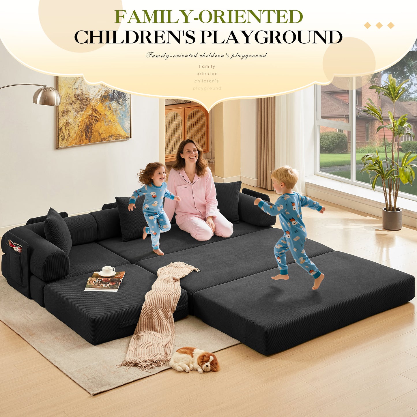 Muumblus L-Shape Convertible Floor Sofa Bed, Comfy Foldable Modular Sleeper Sectional Couch for Living Room, Bedroom