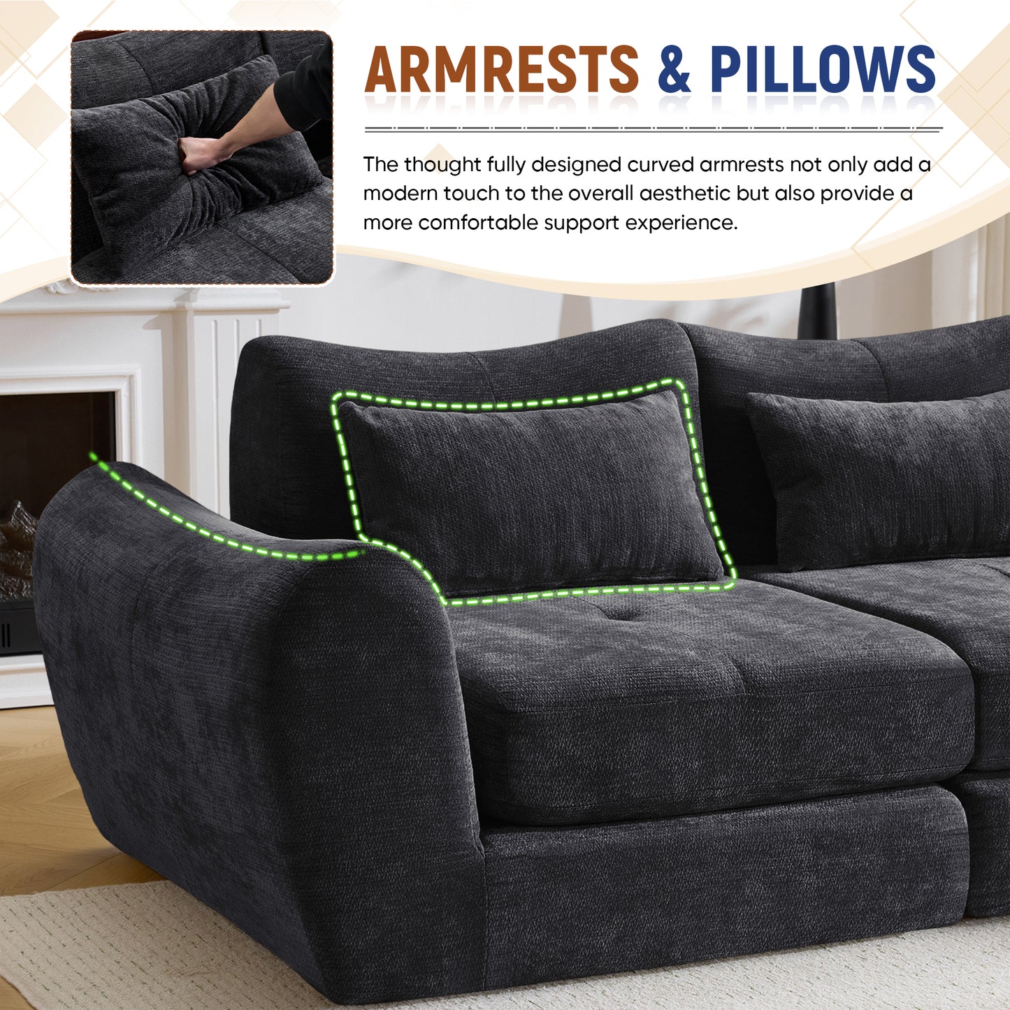 Muumblus 101.6" Modular Sectional Sofa, Convertible Floor Sofa Sleeper Bed, Modern Boneless Cloud Sectional for Living Room, Black Chenille