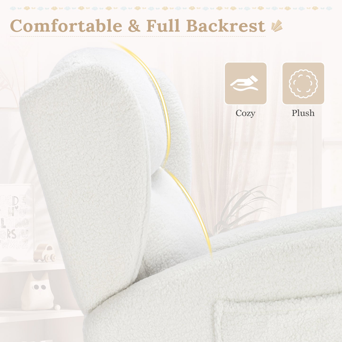 Muumblus Nursery Rocking Chair, Wingback Glider Rocker, Indoor Uphlostered Rocking Chair, Ivory Teddy