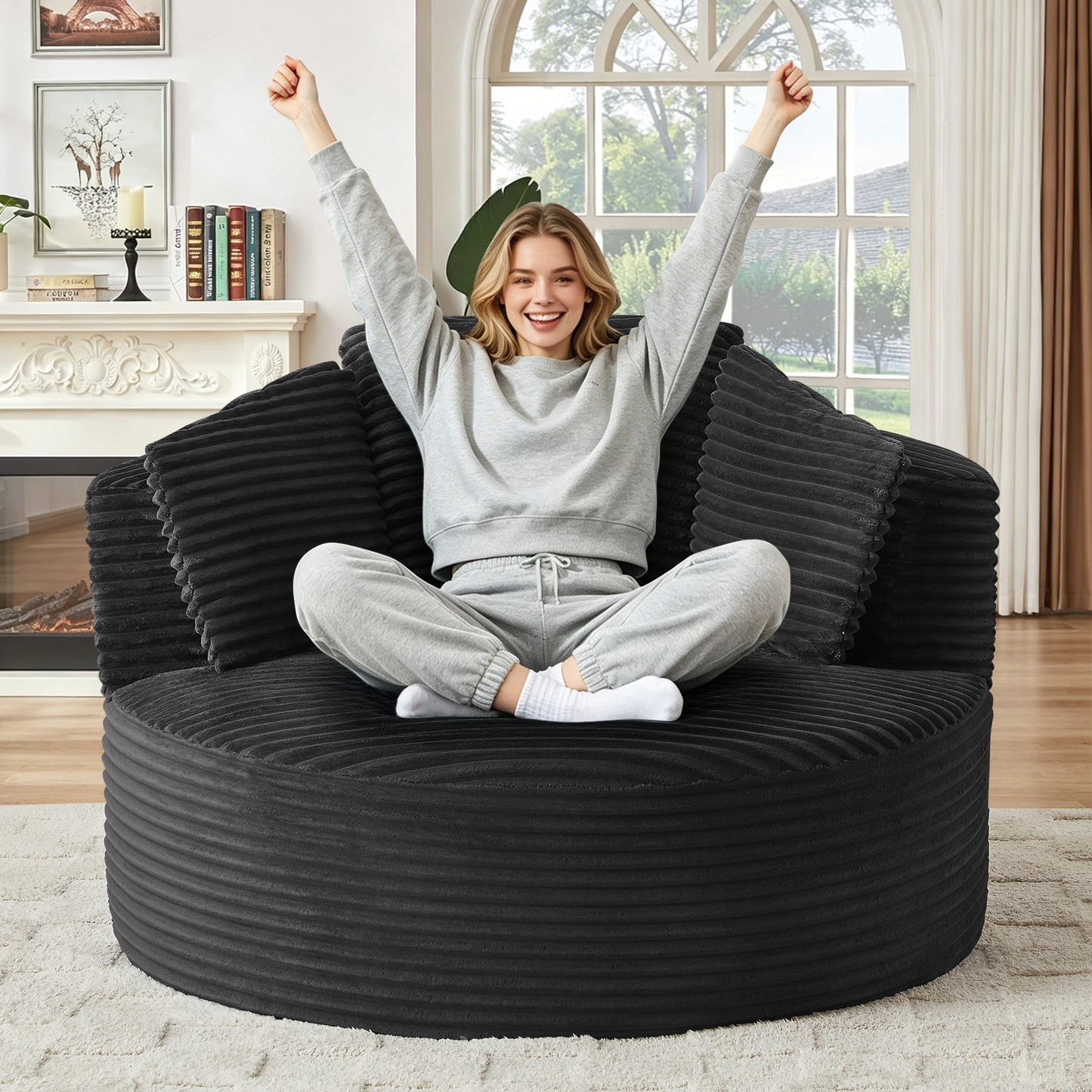 Muumblus 48.8" Oversized Accent Barrel Chair, Fluffy Round Lazy Sofa Chair for Adults, No Assembly Required, Black Corduroy