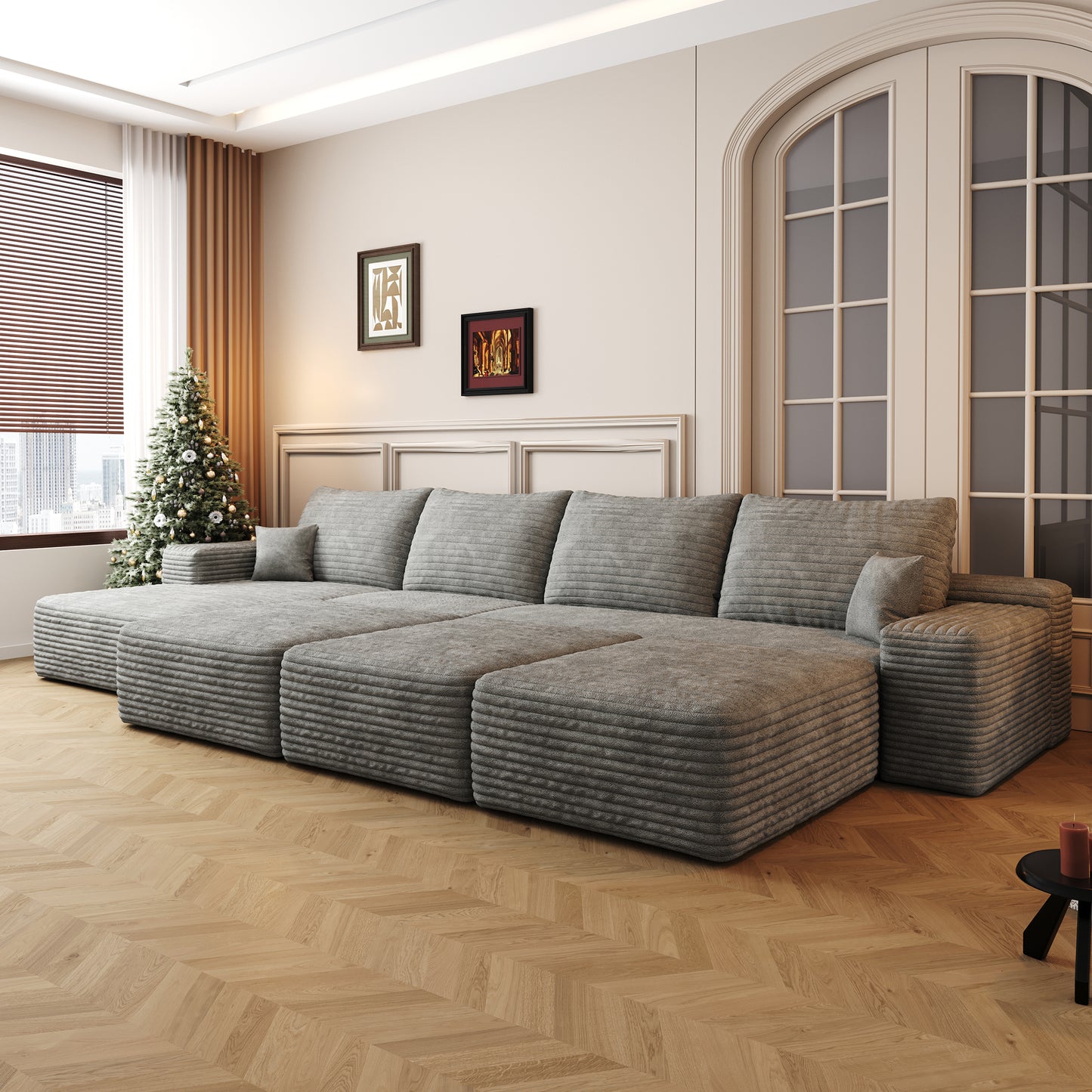 Muumblus 135" Cloud Sectional Sofa with Left Chaise, Oversized Cozy Modular Sofa with 3 Ottomans, Plush Corduroy Sleeper Bed Couch, No Assembly Required, Black