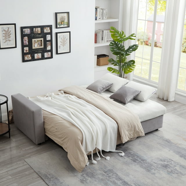 Muumblus 84" Convertible Sleeper Sofa Bed with Storage Chaise, L-Shaped Sectional Sofa, Queen Size Pull Out Sofa Bed in Gray Velvet