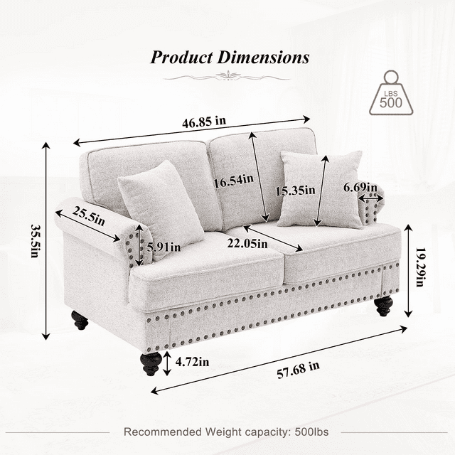 Muumblus 2 Pieces Chenille Living Room Sets, 2 Seater Loveseat Sofa and 3 Seater Sofa Couch, Mid-Century Sofa Sets with Nailhead, White