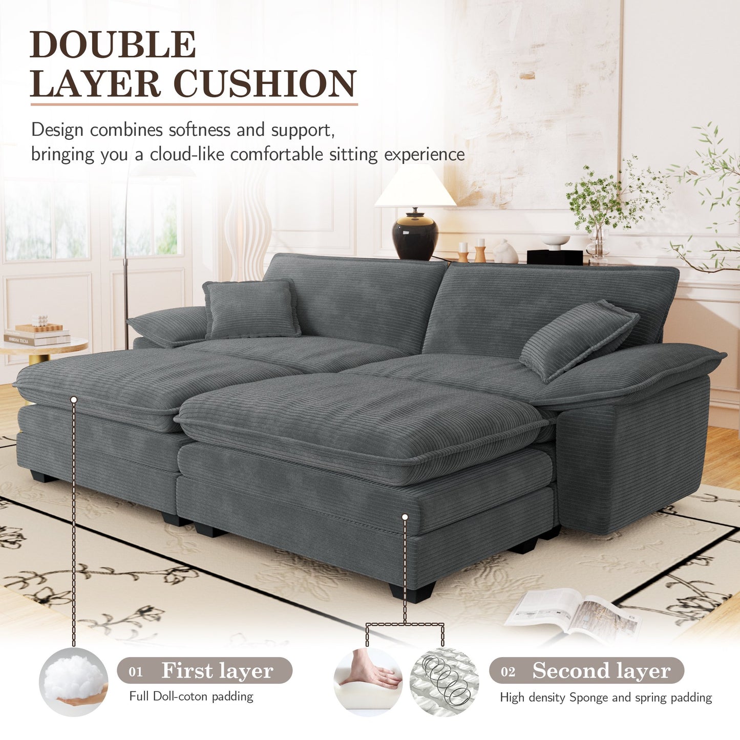 Muumblus Corduroy Comfy Sectional Sofa with 2 Ottoman, Modern Deep Seat Lounge Couch for Living Room