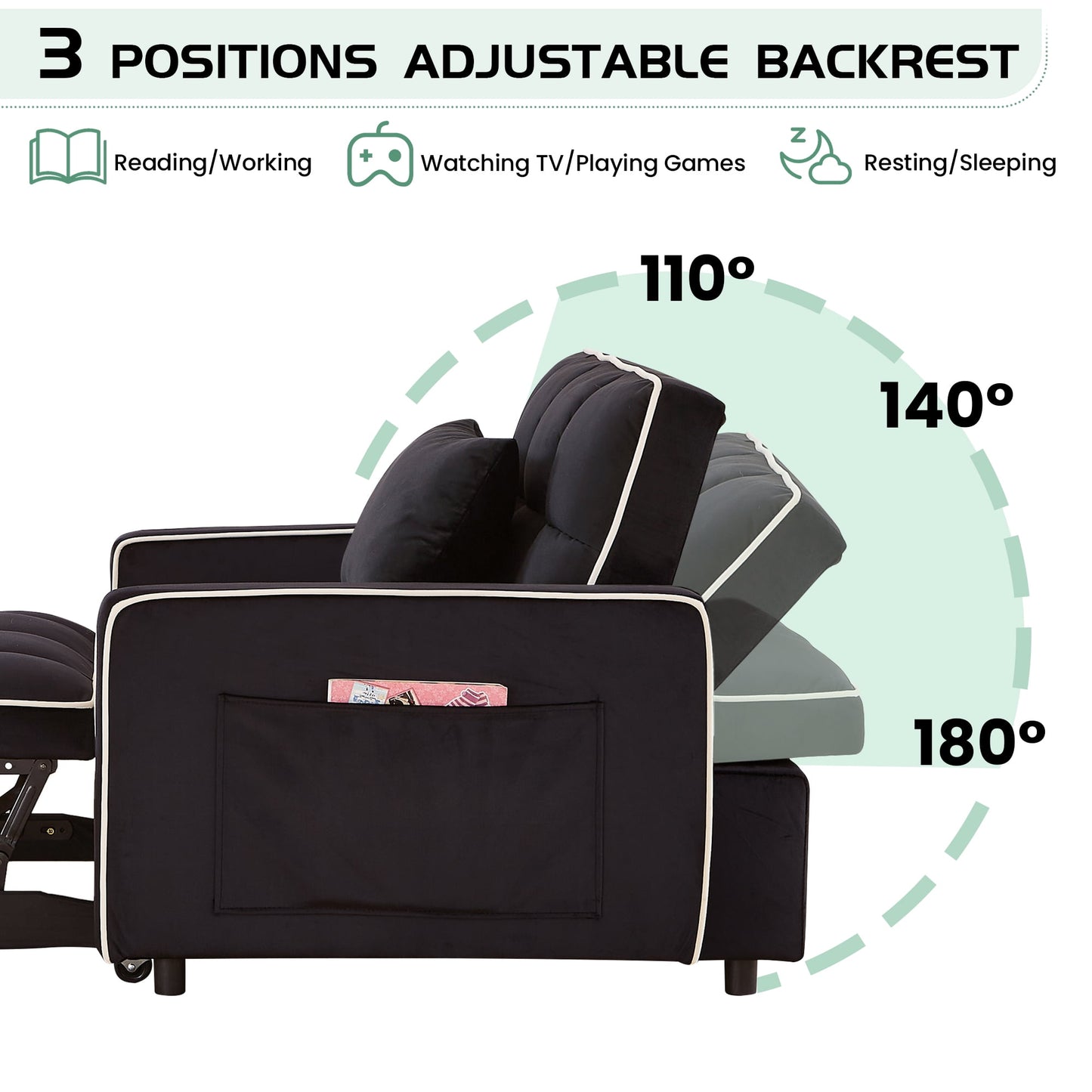Muumblus 3-in-1 Convertible Chair Bed, Sleeper Chair Lounge Chair Indoor, Modern Single Pull Out Couch for Living Room, Black Velvet