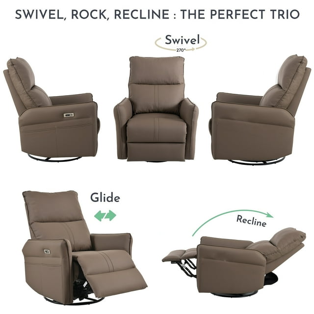 Muumblus Power Swivel Glider Rocker Recliner in Brown Faux Leather