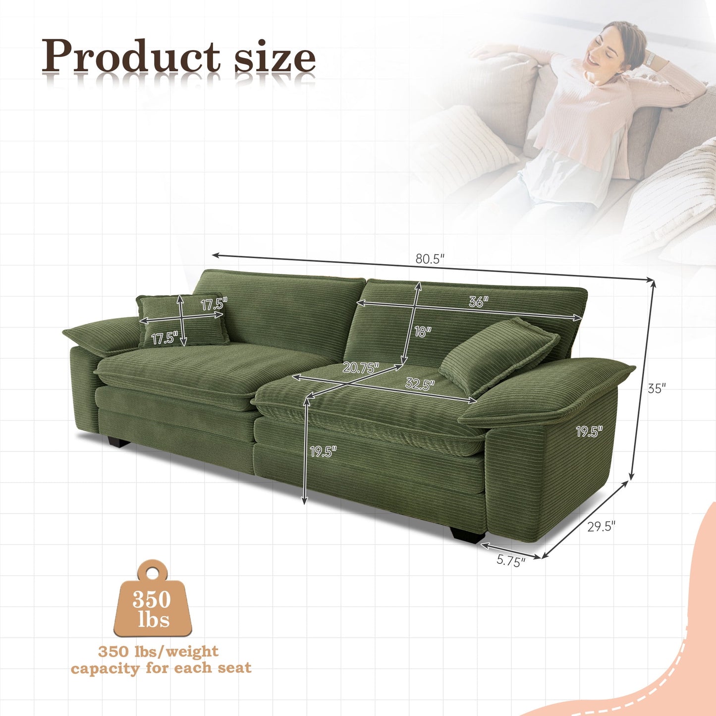 Muumblus Corduroy Loveseat Sofa, Upholstered 2-Seater Sleeper Couch for Living Room/Apt, Green
