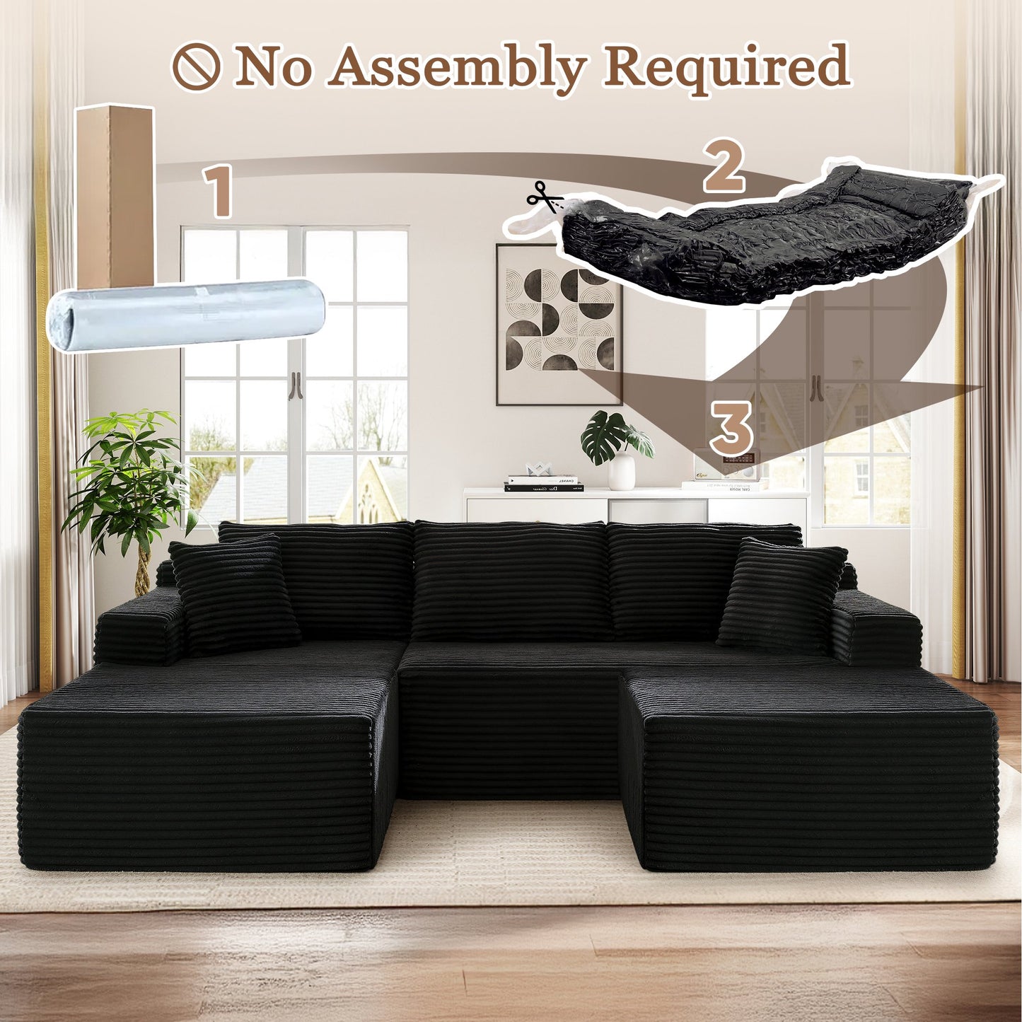 Muumblus Modular Sectional Sofa, Oversized U-Shape Cloud Couch, Modern Corduroy Sleeper Couches for Living Room, No Assembly Required, Black (Right Facing Chaise)