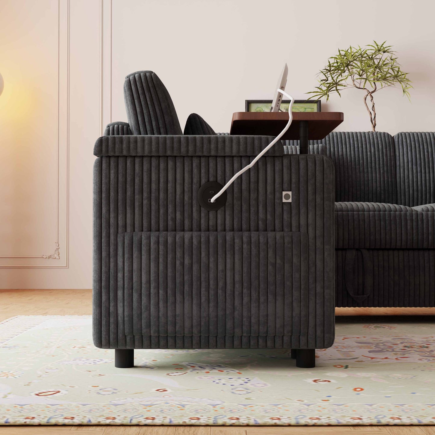 Muumblus Convertible Sectional Sleeper Sofa Bed with Side Table & Storage, Adjustable Back, Pull Out/Futon Corner Couch for Living Room, Dark Gray Corduroy
