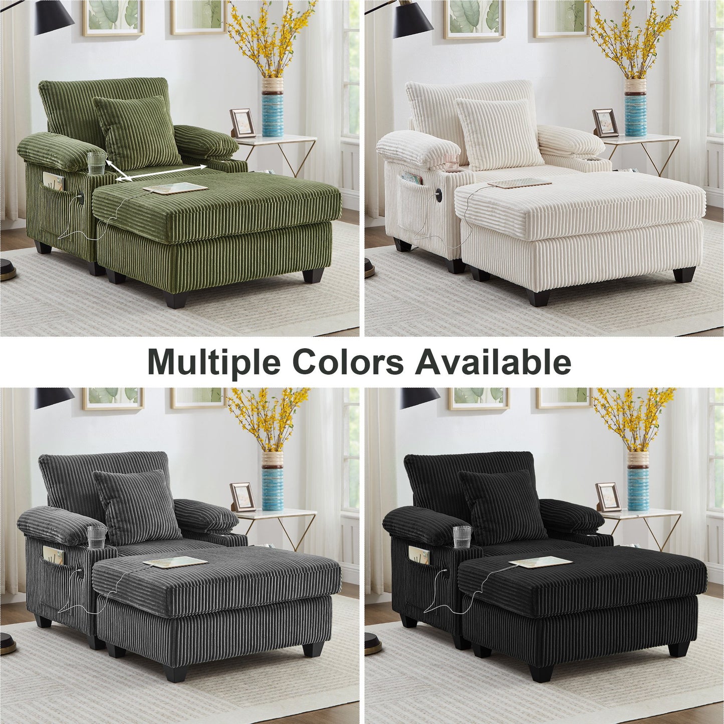Muumblus Living Room Chair with Ottoman, 7-Speed Adjustable Backrest, USB & Storage Arms, Cozy Indoor Corduroy Lounge Armchair