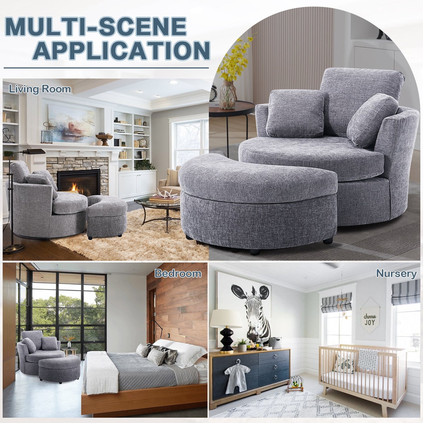 Muumblus Chenille Swivel Barrel Accent Chair with Storage Ottoman, Oversized Comfy Armchair for Living Room Bedroom