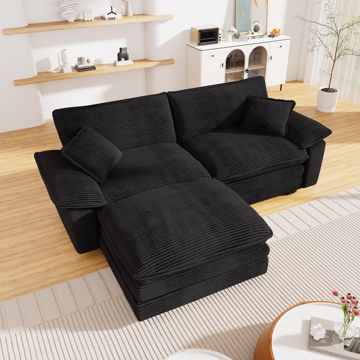 Muumblus Modular Sectional Cloud Couch with Reversible Ottoman, Oversized 2 Seats L-Shaped Corduroy Sofa for Living Room, 80.5 " Beige