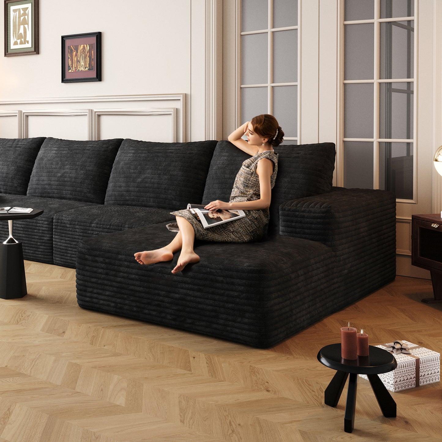 Muumblus 107" Cloud Sectional Sofa with Left Chaise, Cozy L-Shaped Modular Sofa, Plush Corduroy Sleeper Bed Couch, No Assembly Required, Black