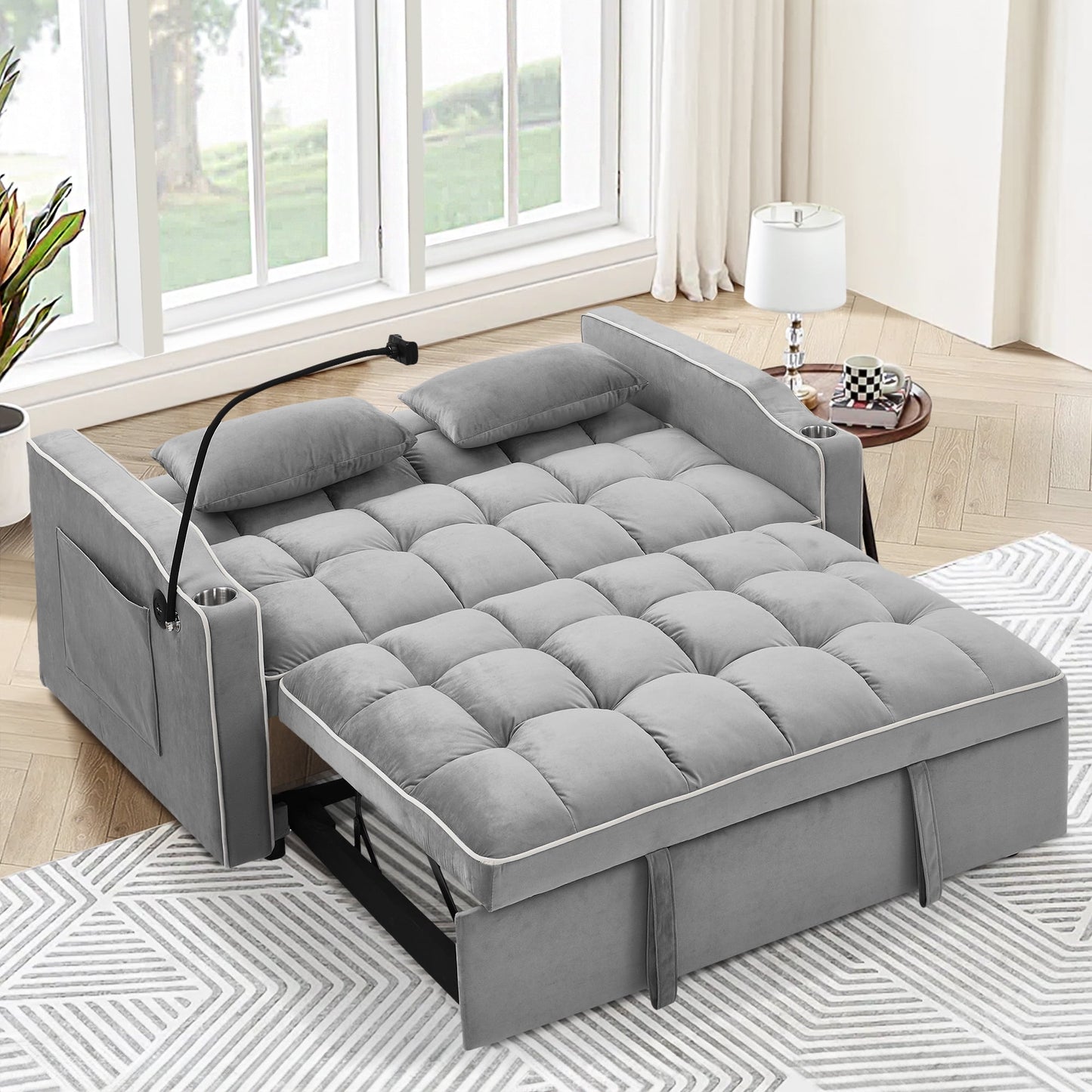 Muumblus 3-in-1 Convertible Futon Sofa Bed, Loveseat Sleeper with Phone Stand, USB, Gray Velvet
