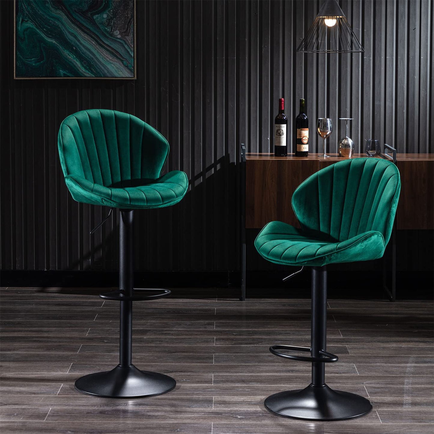 Bar Stools Set of 2, Muumblus Morden Velvet Counter Bar Height Stools with Shell Back, Adjustable 360 Degree Swivel Bar Chairs for Home, Kitchen Island