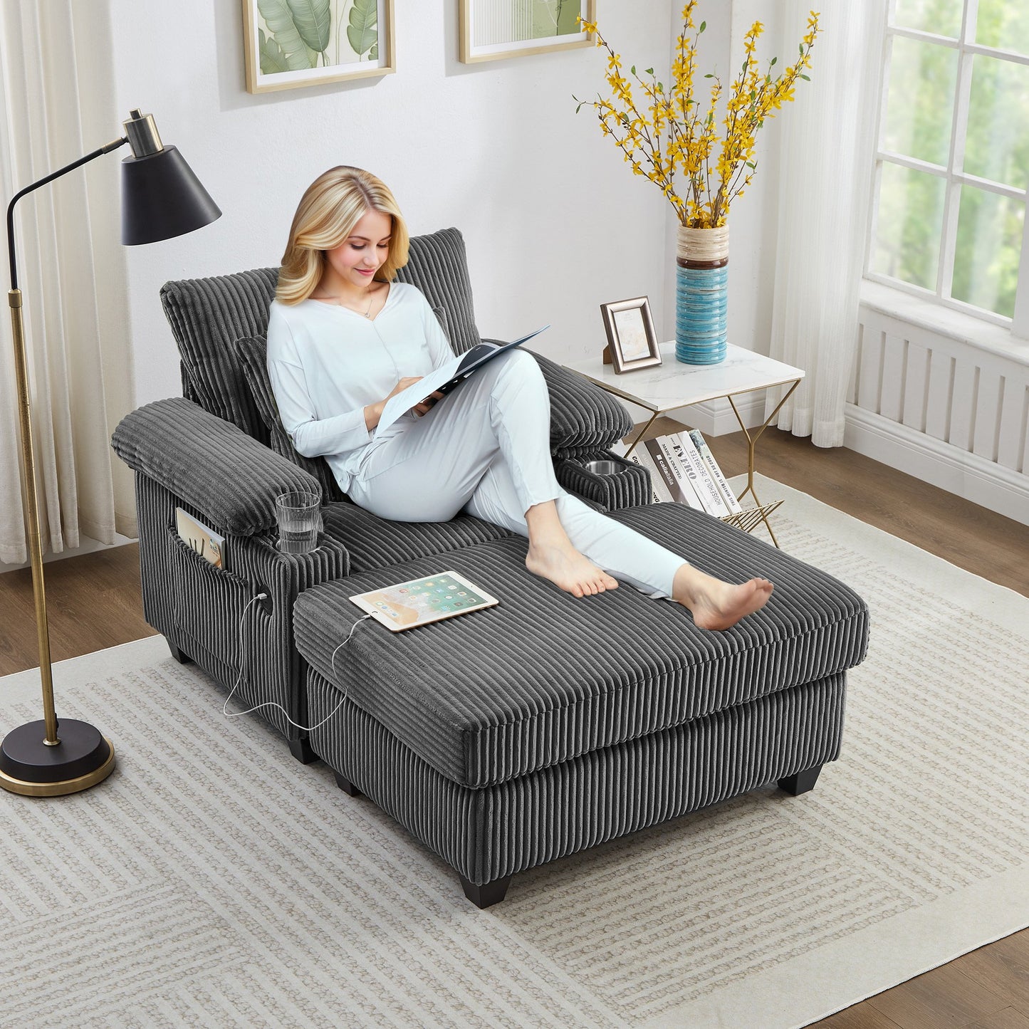 Muumblus Living Room Chair with Ottoman, 7-Speed Adjustable Backrest, USB & Storage Arms, Cozy Indoor Corduroy Lounge Armchair