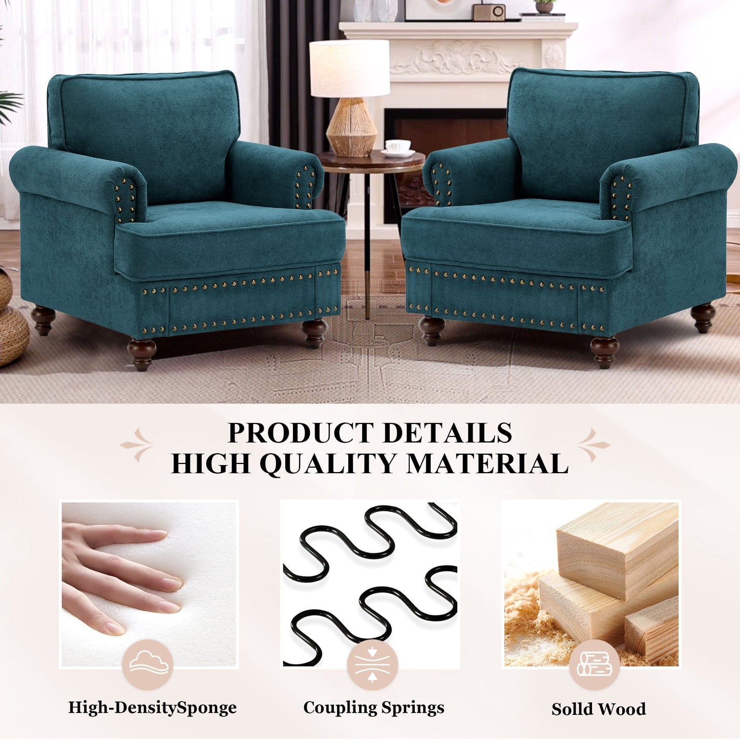 Muumblus 38" W Mid-Century Single Sofa Accent Chair with Nailhead, Chenille Comfy Upholstered Club Armchair for Living Room, Lake Green