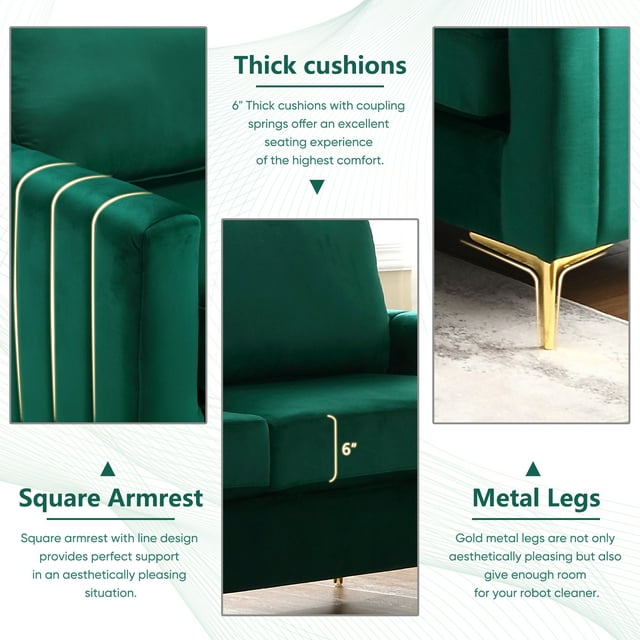 Muumblus 3 Pieces Velvet Living Room Furniture Sets, Modern 1 Seater Sofa Chair and 2 Seater Loveseat Sofa and 3 Seater Sofa Couch, Green