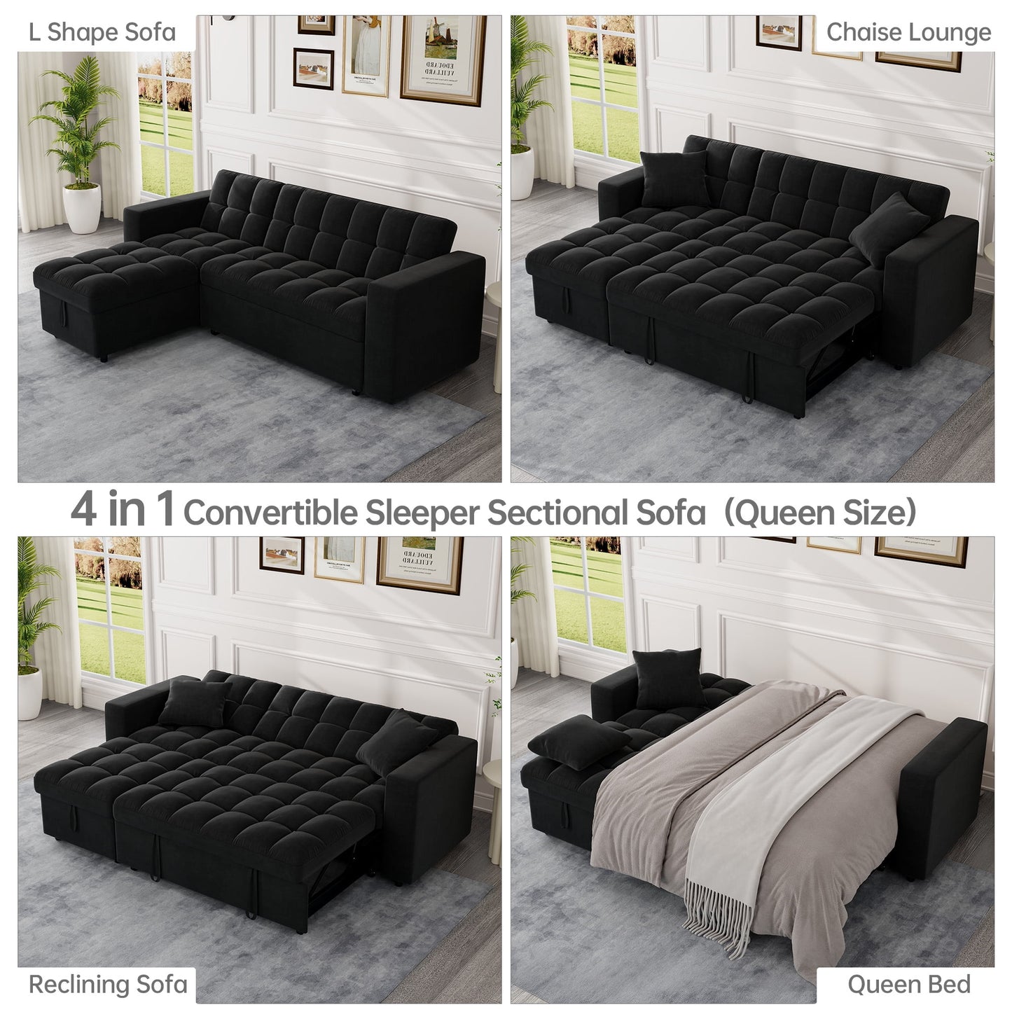 Muumblus 84" Queen Size Convertible Sectional Sleeper Sofa with Storage, Adjustable Backrest, Reversible L-Shaped Pull Out Couch Bed for Living Room, Guest Room