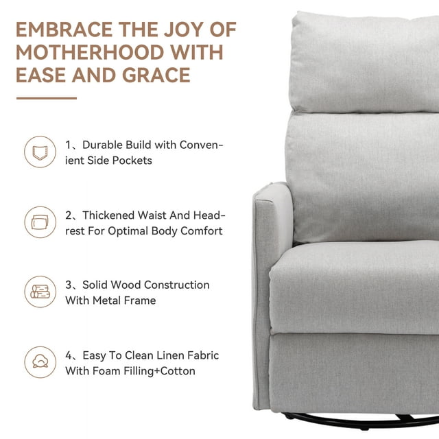 Muumblus Swivel Glider Rocker Recliner Chair for Nuresery, Tall Back Upholstered Home Theater for Living Room, Gray Linen