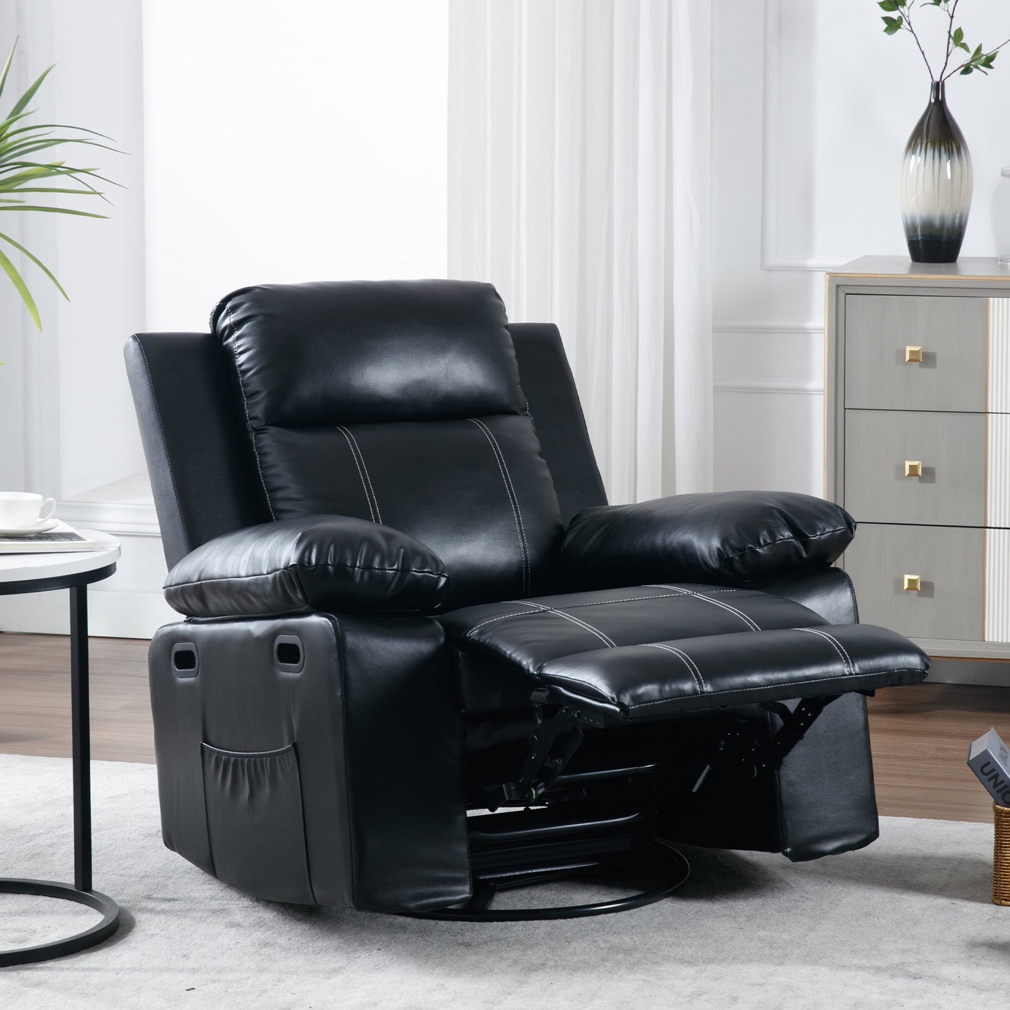 Muumblus Swivel Rocker Recliner with Heat and Massage, Power Recliner Chair for Living Room, Black Faux Leather