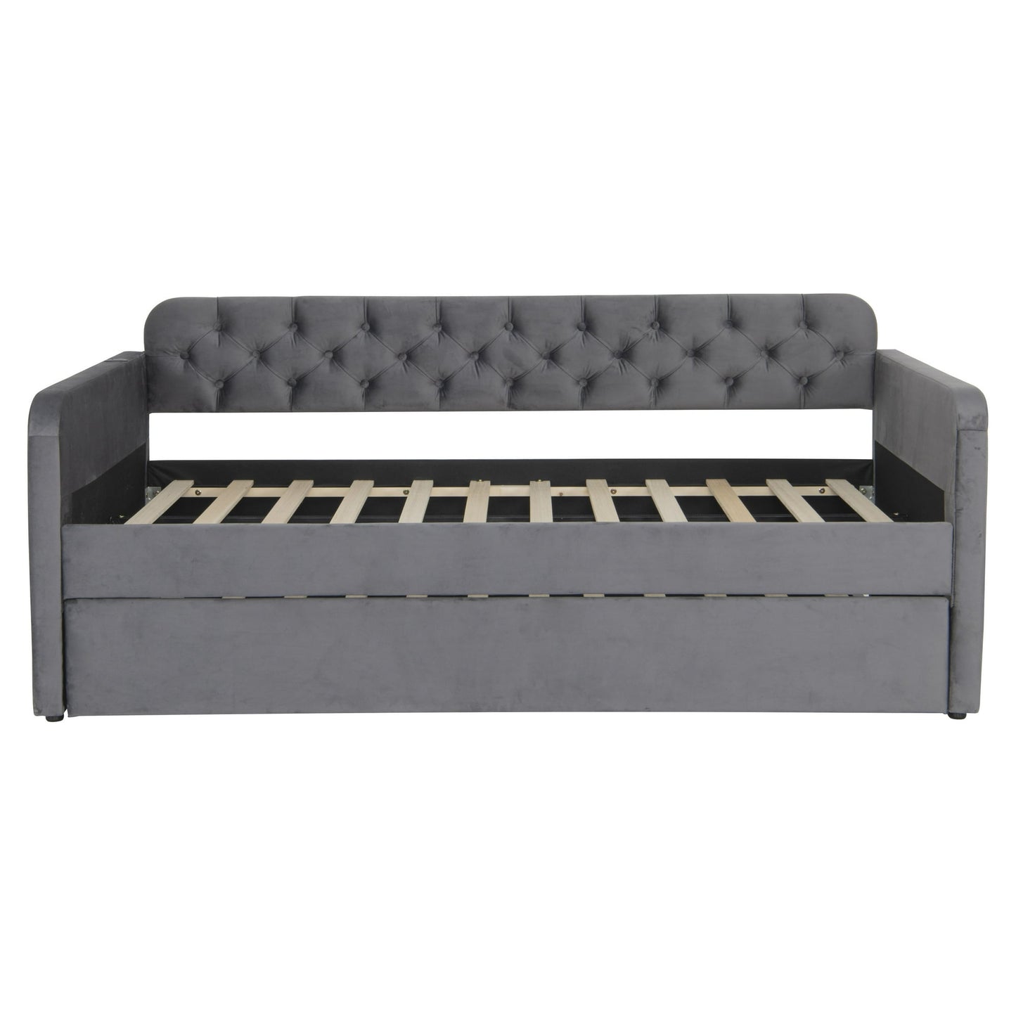 Muumblus Twin Size Daybed with Trundle Bed with USB Ports, Modern Velvet Tufted Bed Frame for Bedroom, Not Box Spring Required, Dark Gray