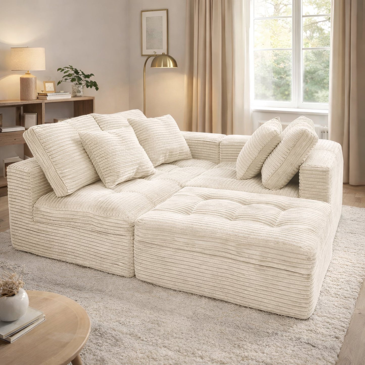 Muumblus 105" Oversized Modular Sectional Sofa with Movable Ottoman, L-Shaped Boneless Cloud Couch, Modern Sleeper Sofa for Living Room, White Corduroy