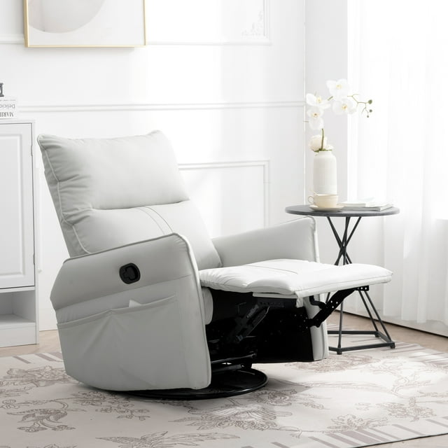 Muumblus Leather Swivel Glider Recliner Chair for Baby Nursery, Modern Upholstered Glider Rocker for Living Room, Bedroom, Light Gray