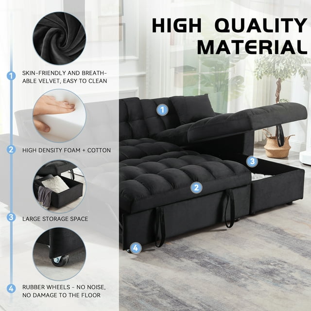 Muumblus 84" Convertible Sofa Bed, Pull Out Sofa Bed, Modern Tufted Sectional Sleeper Sofa with Storage Chaise, L Shaped Sofa Couch for Living Room, Black Velvet