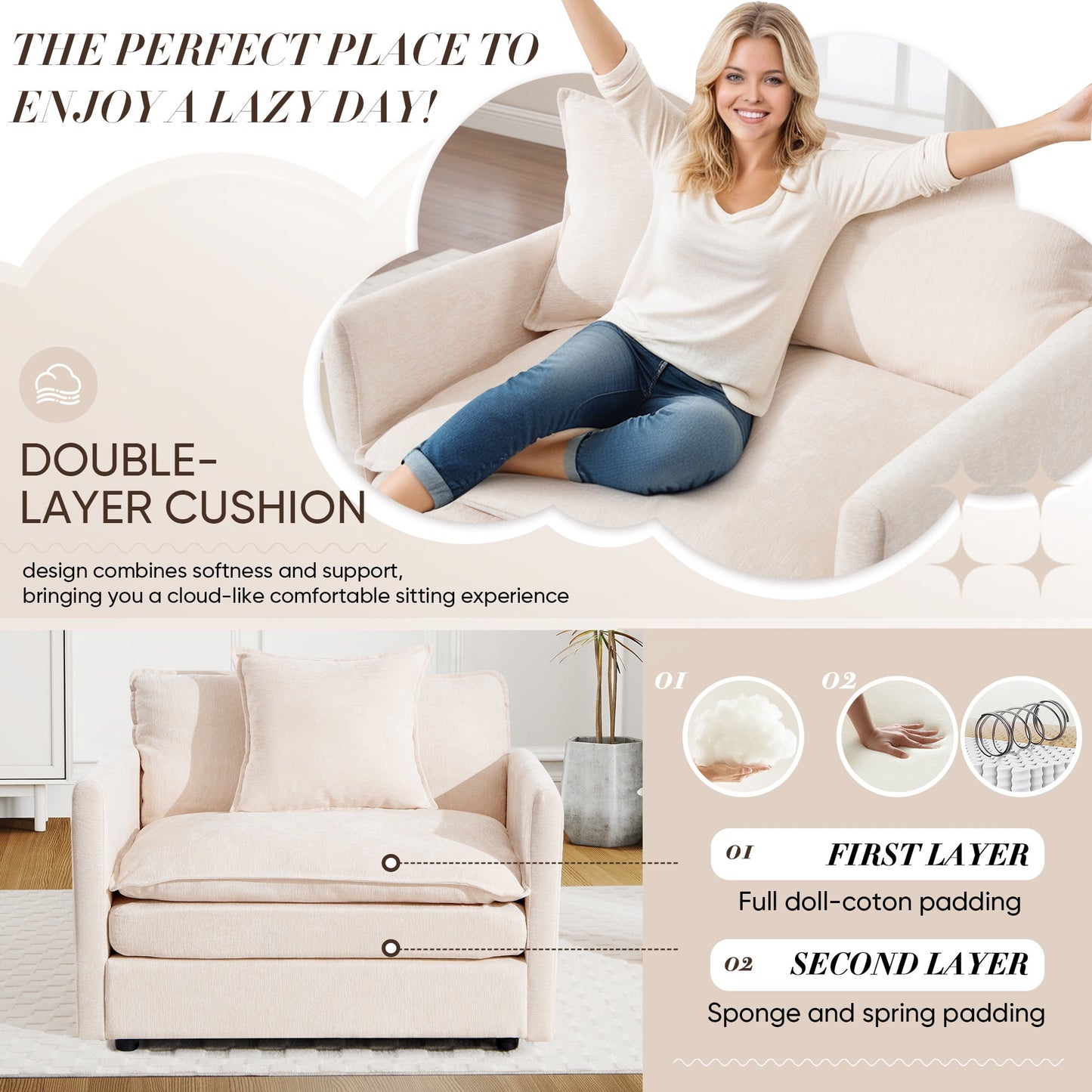 Muumblus Oversized Lounge Chair with Ottoman, Cloud Accent Armchair in Beige Chenille
