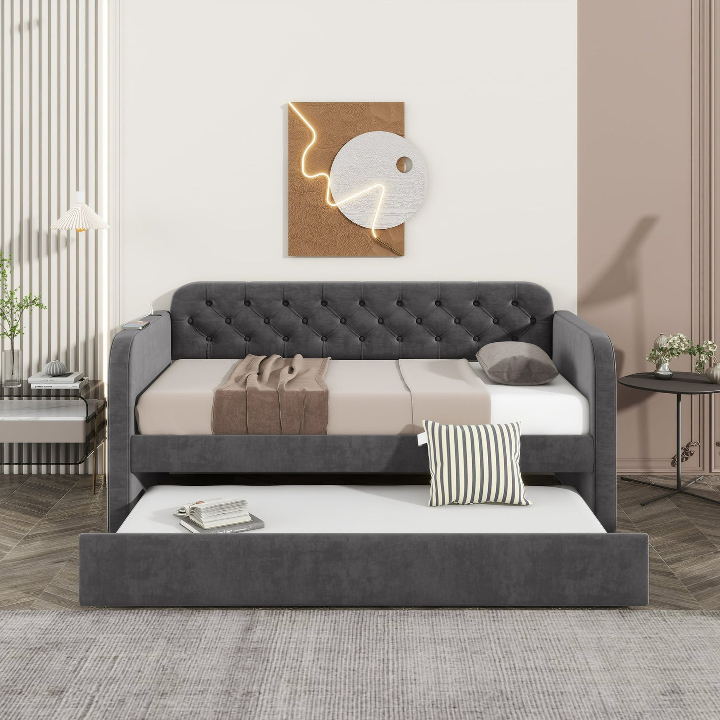 Muumblus Twin Size Daybed with Trundle Bed with USB Ports, Modern Velvet Tufted Bed Frame for Bedroom, Not Box Spring Required, Dark Gray