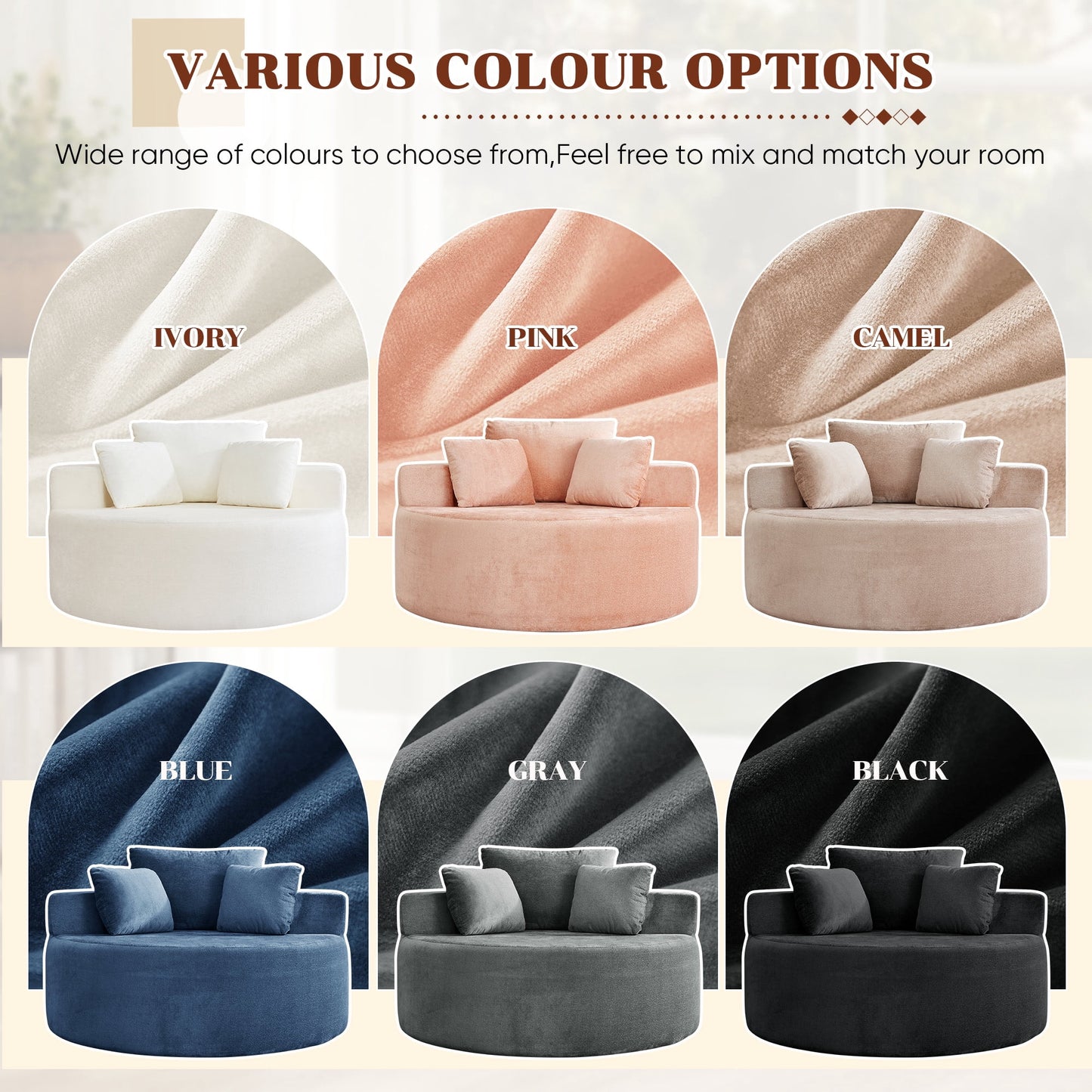 Muumblus Oversized Round Lounge Chaise Chair Indoor,Corduroy Boneless Cloud Couch with 3 Pillows, No Assembly Required, Modern Accent Chair for Living Room, Beige Chenille