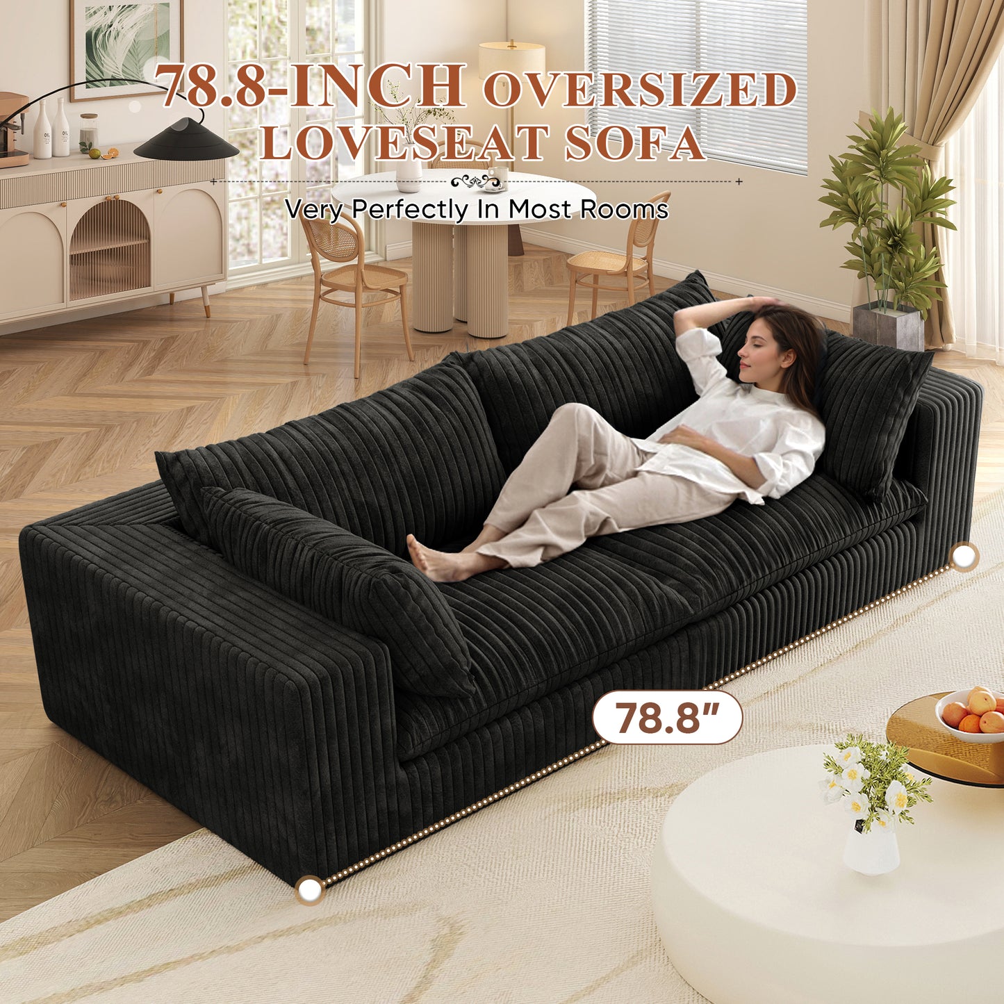 Muumblus 78" Oversized Boneless Loveseat Sofa, No Assembly Deep Seat Plush Corduroy Cloud Couch, Sleeper Sofa for Living Room, Black