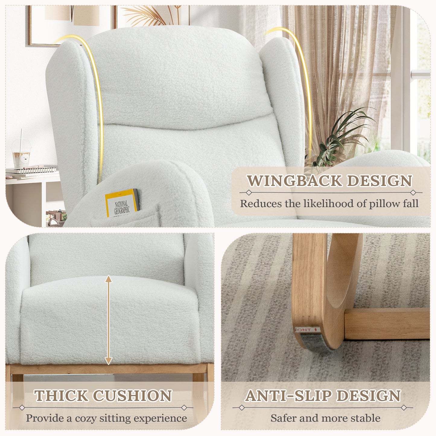 Muumblus Nursery Rocking Chair, Wingback Glider Rocker, Indoor Uphlostered Rocking Chair, Ivory Teddy