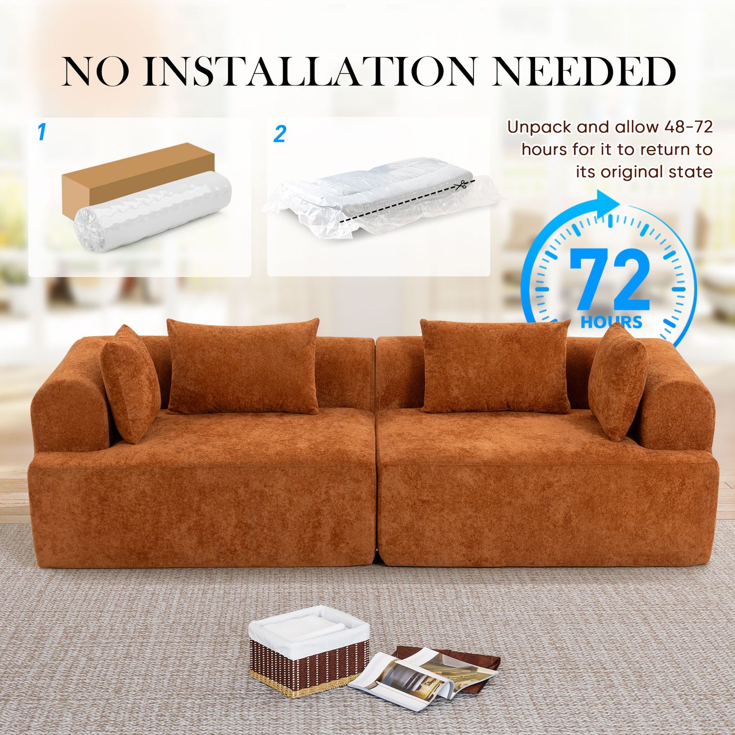 Muumblus Boneless Modular Sectional Sofa, 96" Oversized Deep Seat Loveseat Sofa, Cozy Cloud Living Room Couch, Orange Teddy