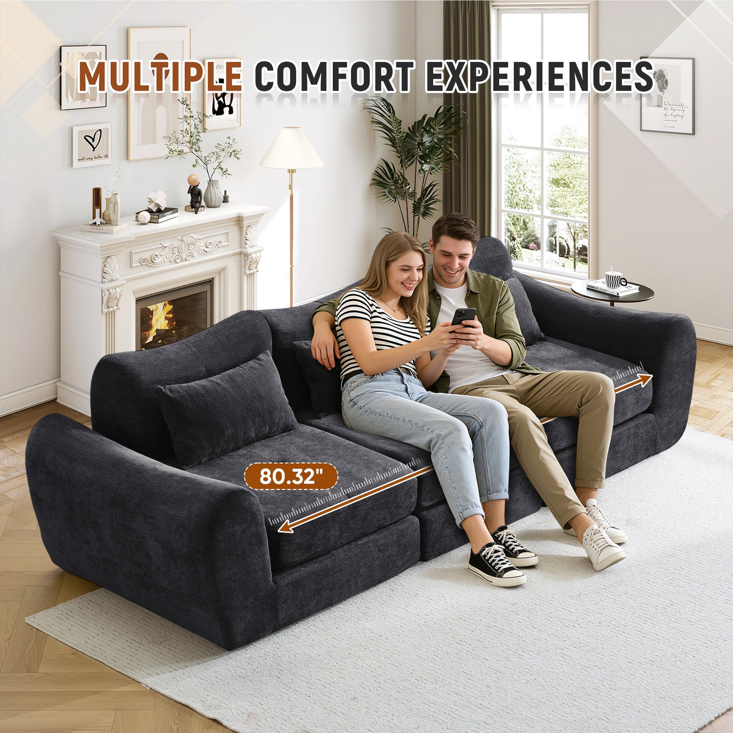 Muumblus 101.6" Modular Sectional Sofa, Convertible Floor Sofa Sleeper Bed, Modern Boneless Cloud Sectional for Living Room, Black Chenille