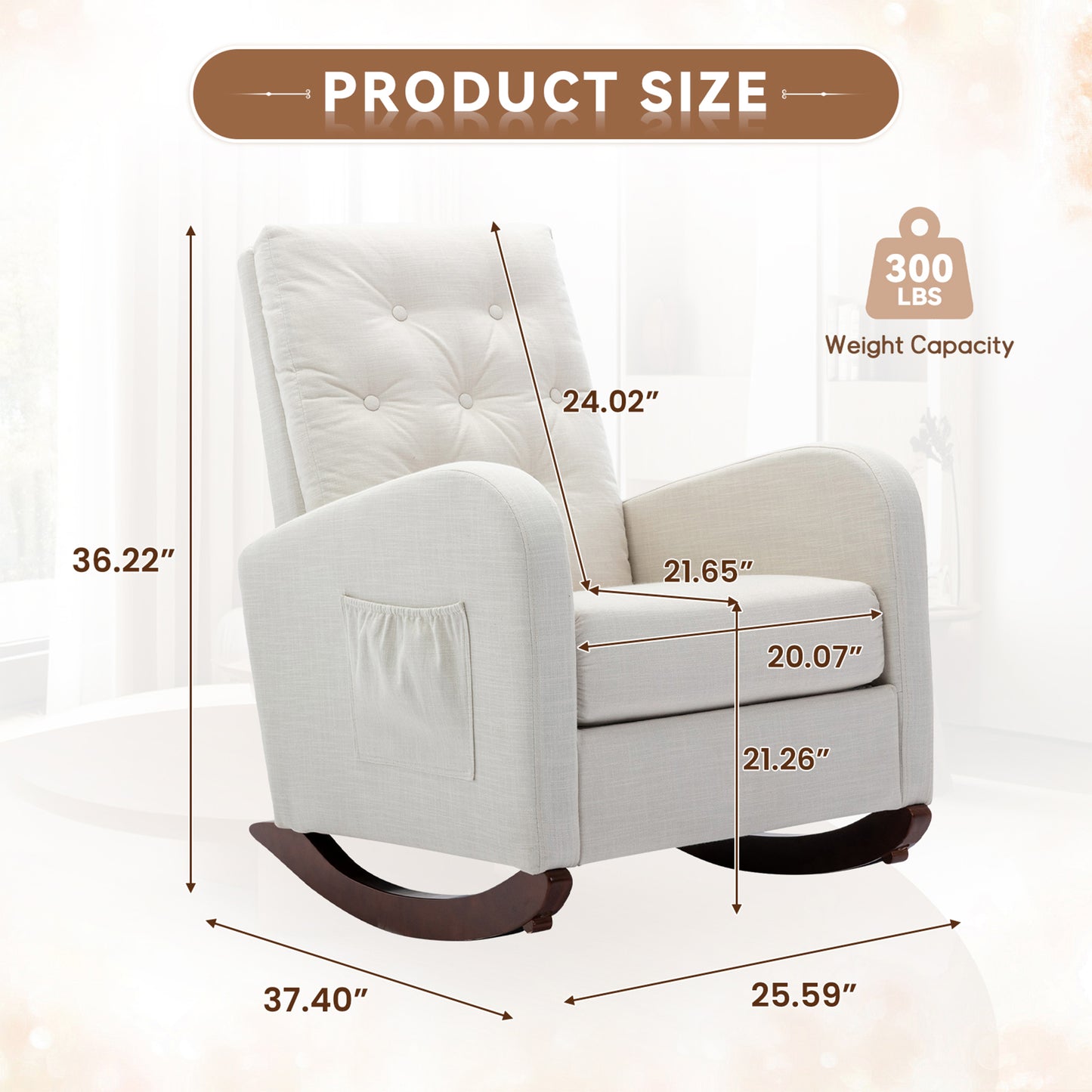 Muumblus Glider Rocker for Living Room, Rocking Chair for Nursery, Tufted High Back, Beige Linen