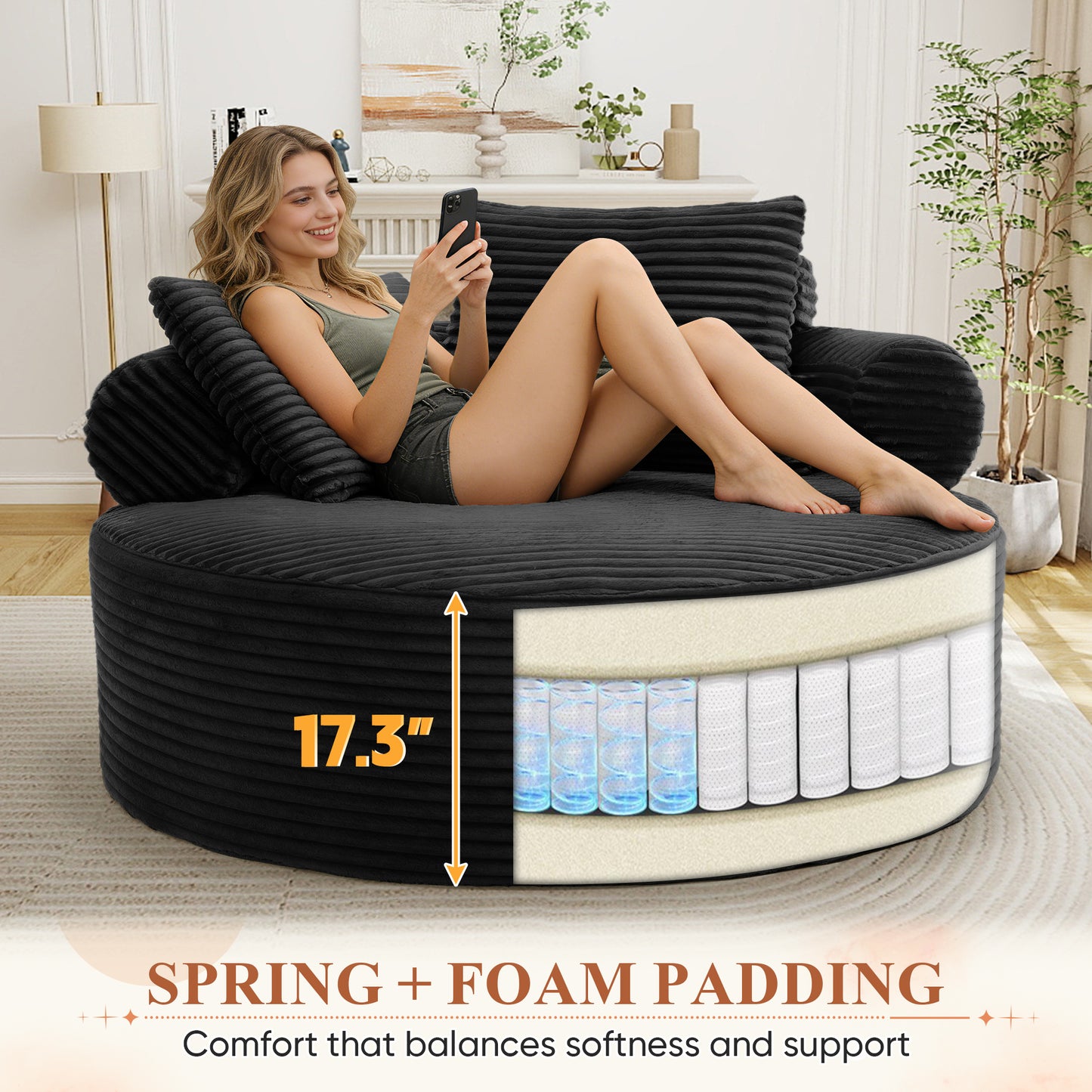 Muumblus 55" Indoor Round Lounge Chair, Oversized Boneless Accent Barrel Chair, Black Corduroy