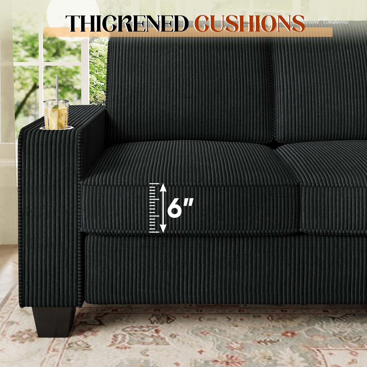 Muumblus 83.5" Living Room Sofa with Cup Holders, Cozy Plush Upholstered Couch, Corduroy Sofa 3-Seater, Black