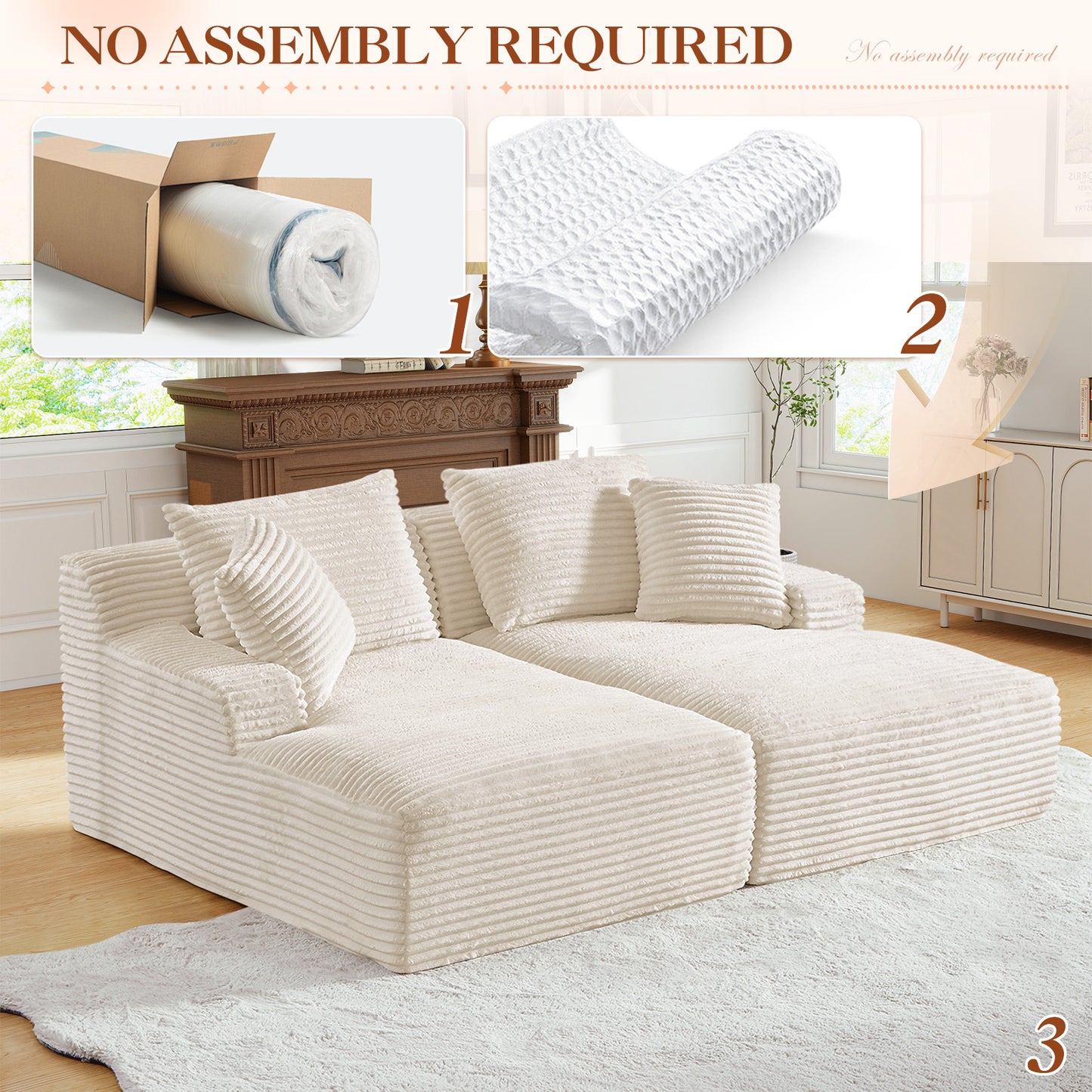 Muumblus Oversized Double Chaise Lounge Chair, Modern Indoor Boneless Cloud Sofa, Plush Corduroy Upholstered Modural Sectional Sleeper Couch for Living Room Apartment