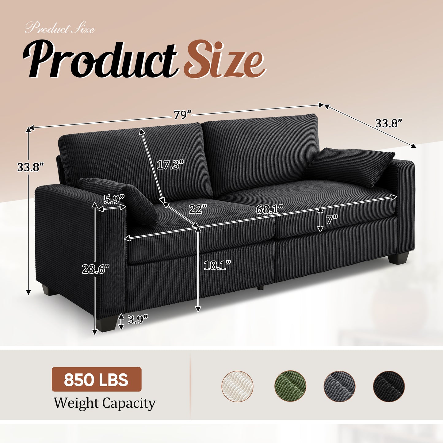 Muumblus 79" Living Room Sofa, Cozy Oversized Loveseat Sofa, Removable Covers, Black Corduroy