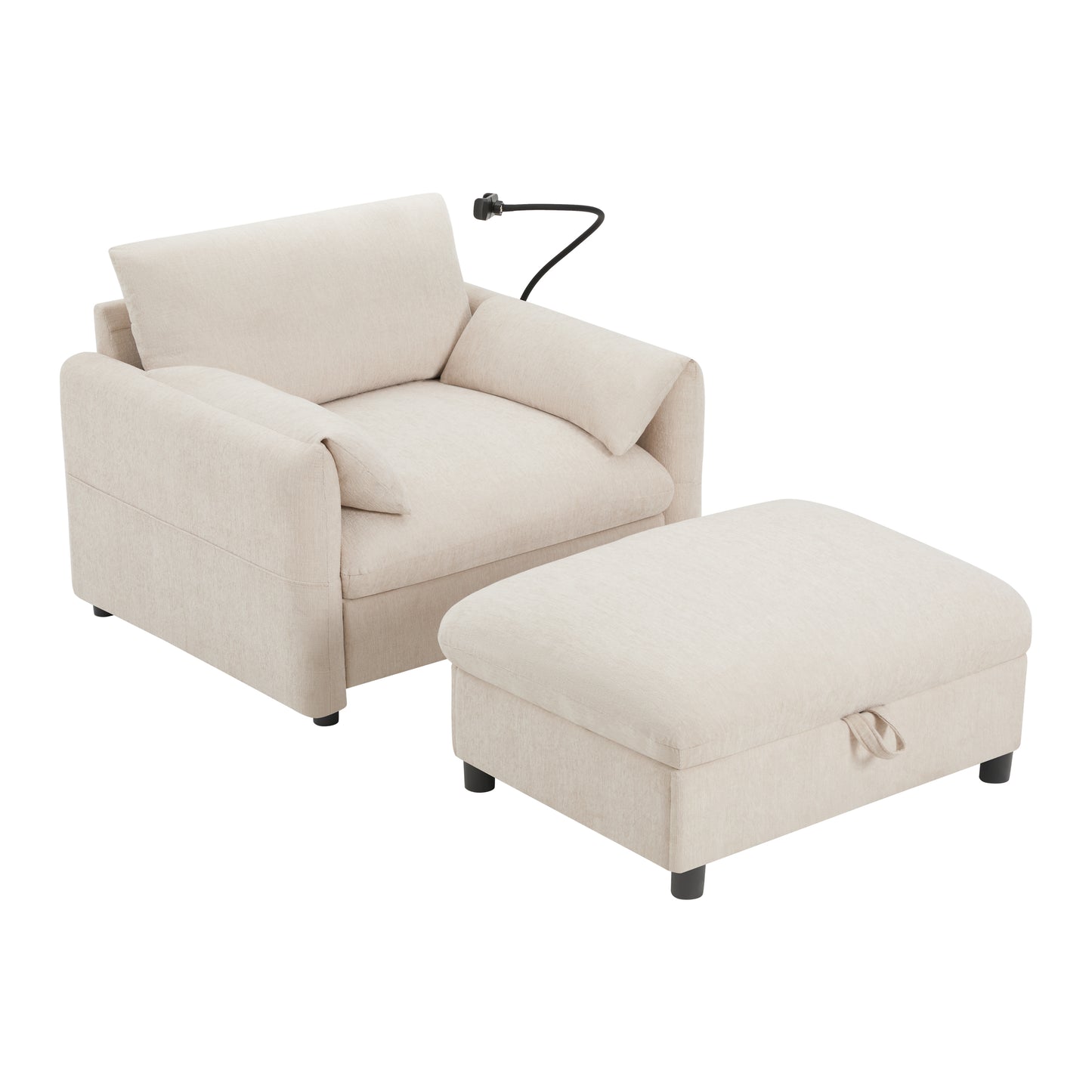 Muumblus Accent Armchair with USB & Phone Stand, Lounge Chair with Storage Ottoman, Indoor Chaise Lounge, Cozy Single Sofa for Living Room, Apt, Beige Chenille