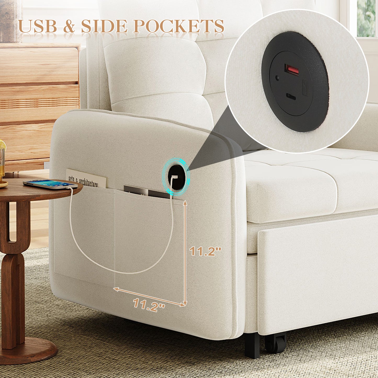 Muumblus 3-in-1 Convertible Chair Bed, 80" Extra Long Sleeper Lounge Chair with USB & Storage, Pull Out Sofa Bed for Living Room, Apt., Beige Chenille