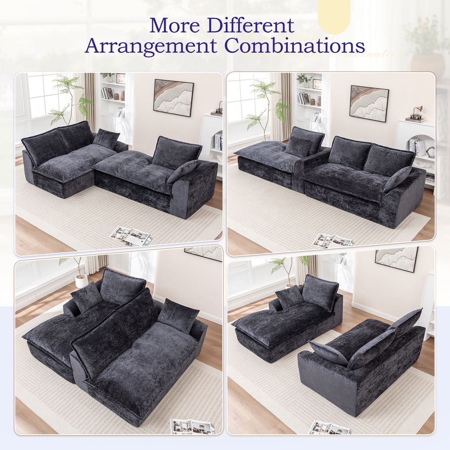 Muumblus 103" Boneless Sectional Sofa with Left Chaise, Comfy L-Shaped Modular Couch for Living Room, No Assembly Required, Black Chenille