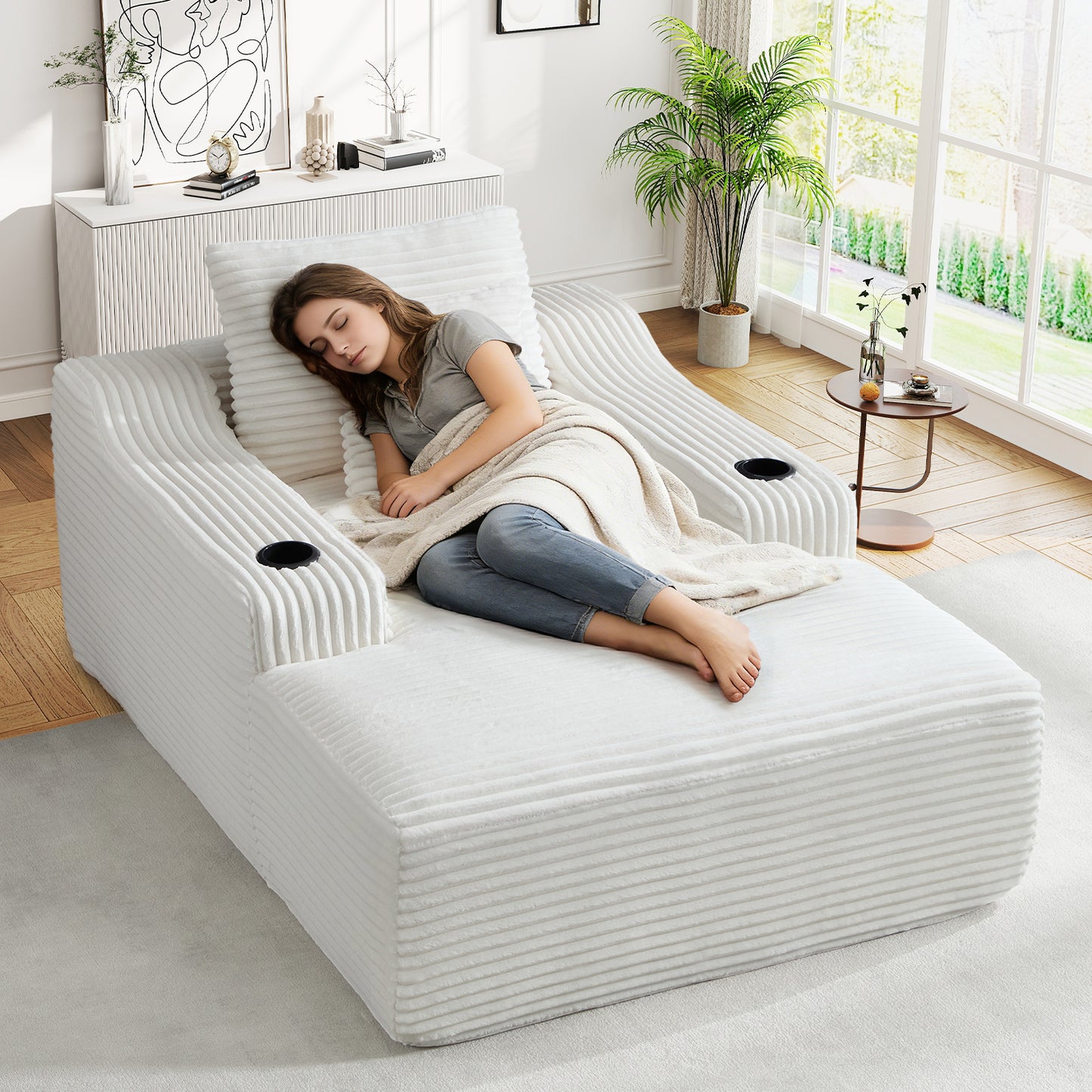 Muumblus Indoor Chaise Lounge Chair with Cup Holders, No Assembly Required, 67"D Oversized Deep Seat Cloud Couch, Corduroy Boneless Sleeper Sofa Bed for Livng Room, White