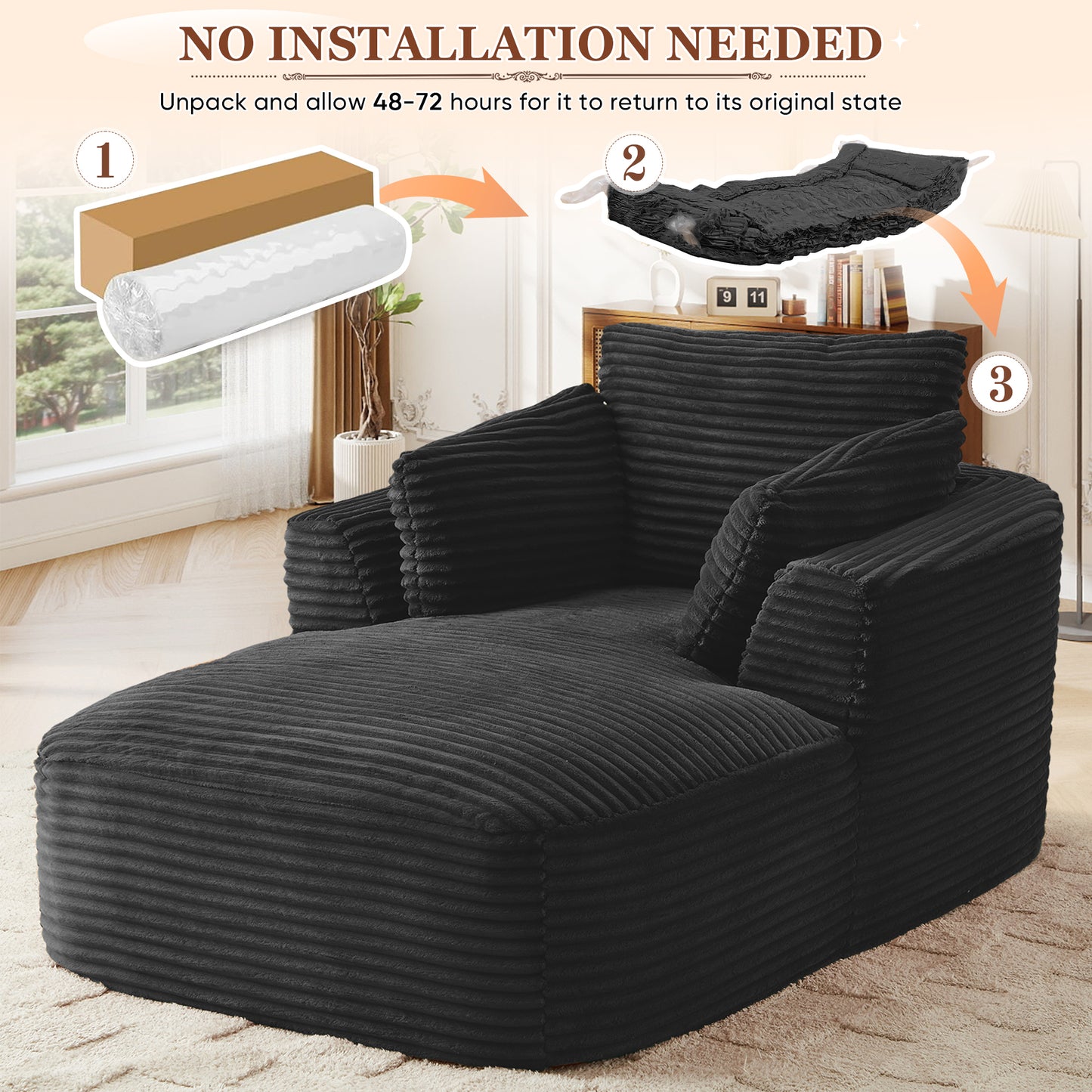 Muumblus Chaise Lounge Indoor, Cozy Lounge Chair Sleeper Sofa for Adults, No Assembly Required, Black Corduroy