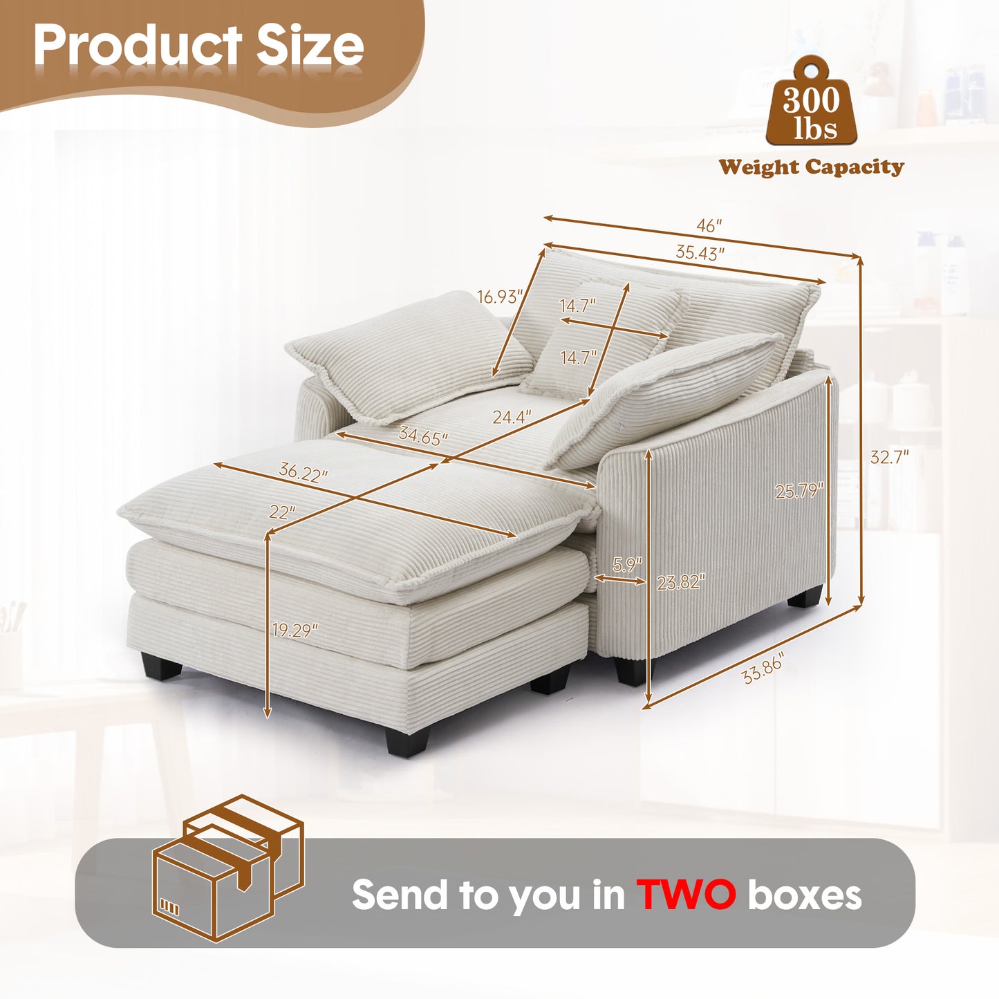 Muumblus 46" Indoor Lounge Chair with Ottoman, Corduroy Cozy Accent Armchair for Living Room, Beige