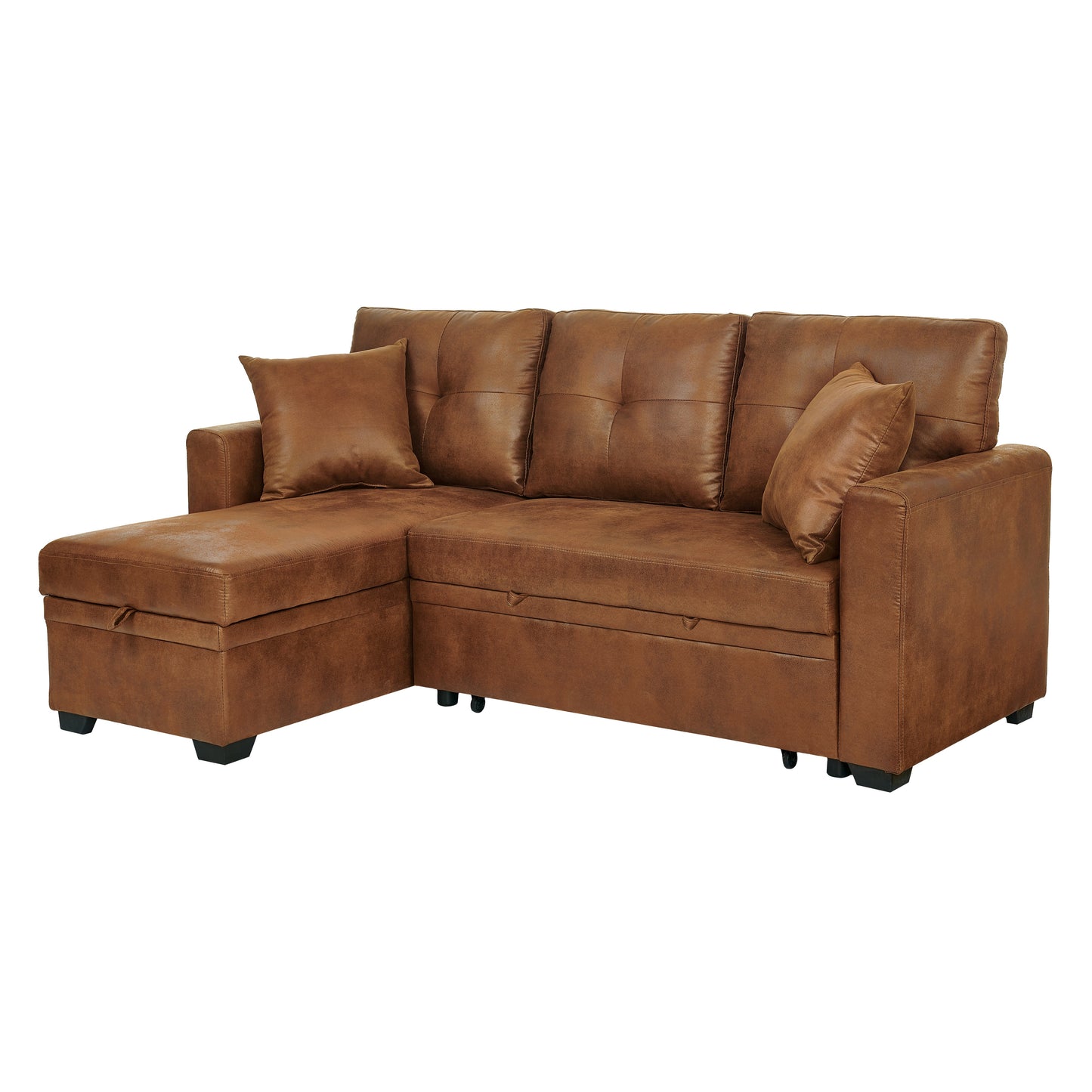 Muumblus Convertible Pull Out Sofa Bed, L-Shaped Sectional Sleeper Couch with Storage Chaise, Vintage Faux Leather Look, Brown Polyester Fabric